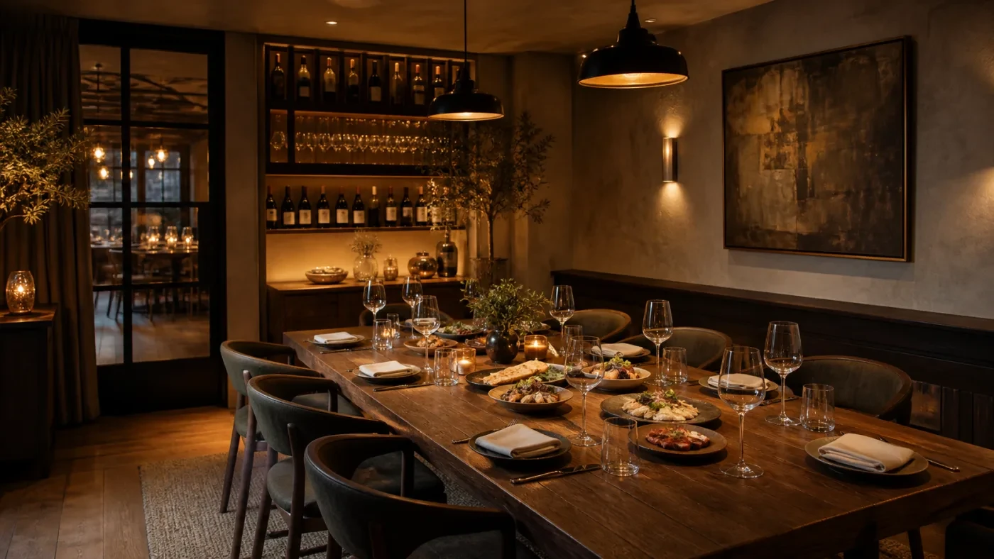 Warm private dining room set with wine glasses and sharing plates