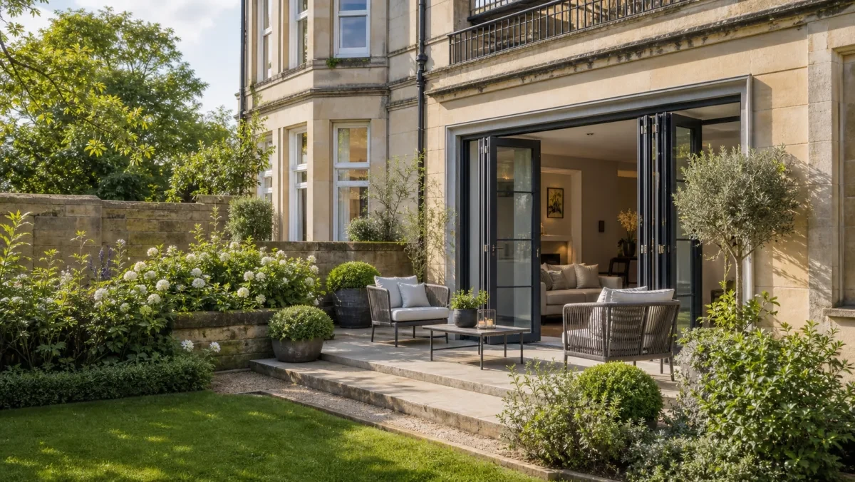 Garden apartment terrace with open doors and planted courtyard