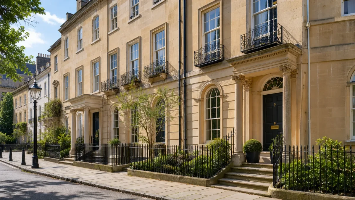 Georgian townhouse exterior with Bath stone facade and black railings