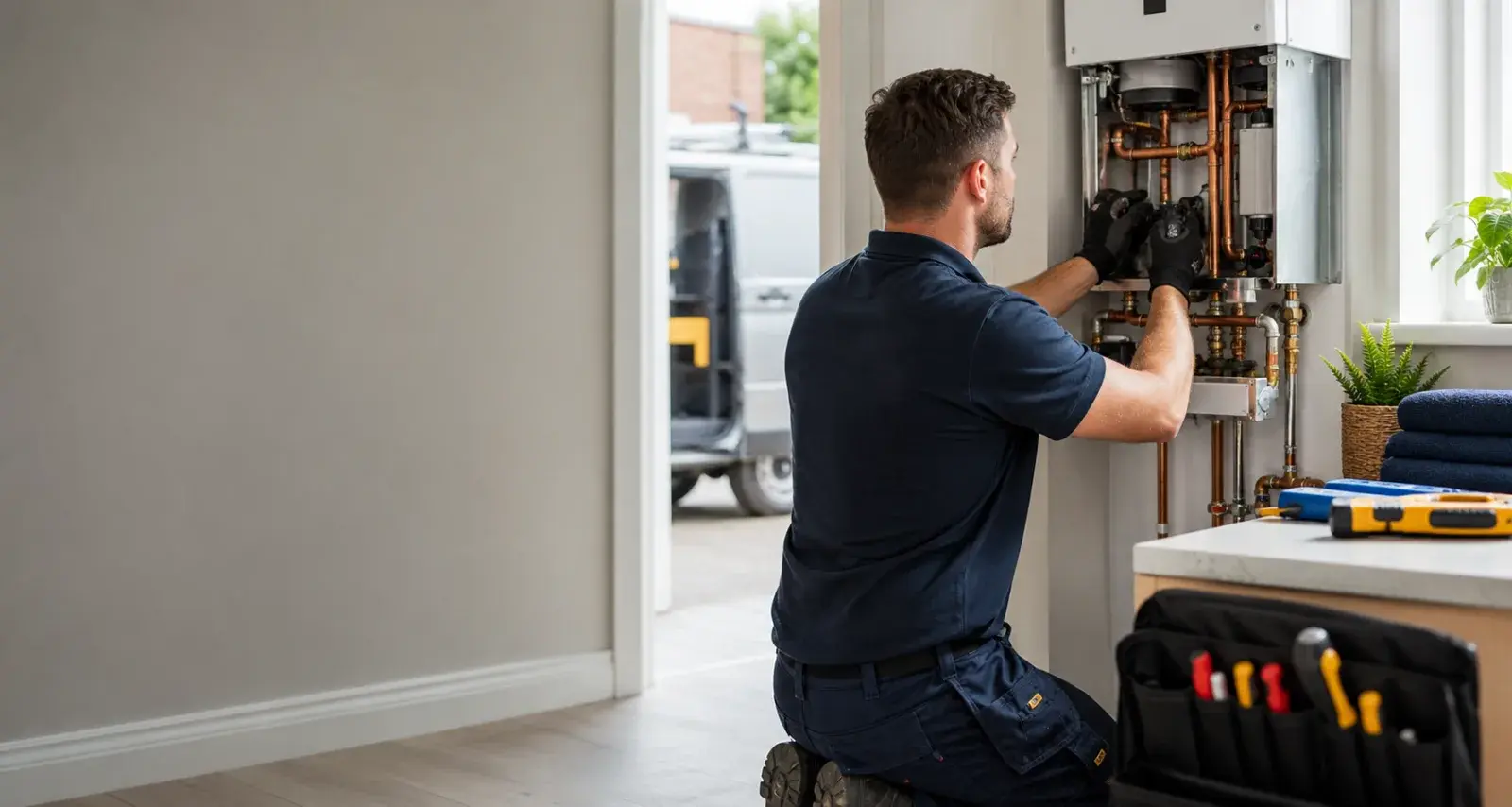 Heating engineer working on a boiler