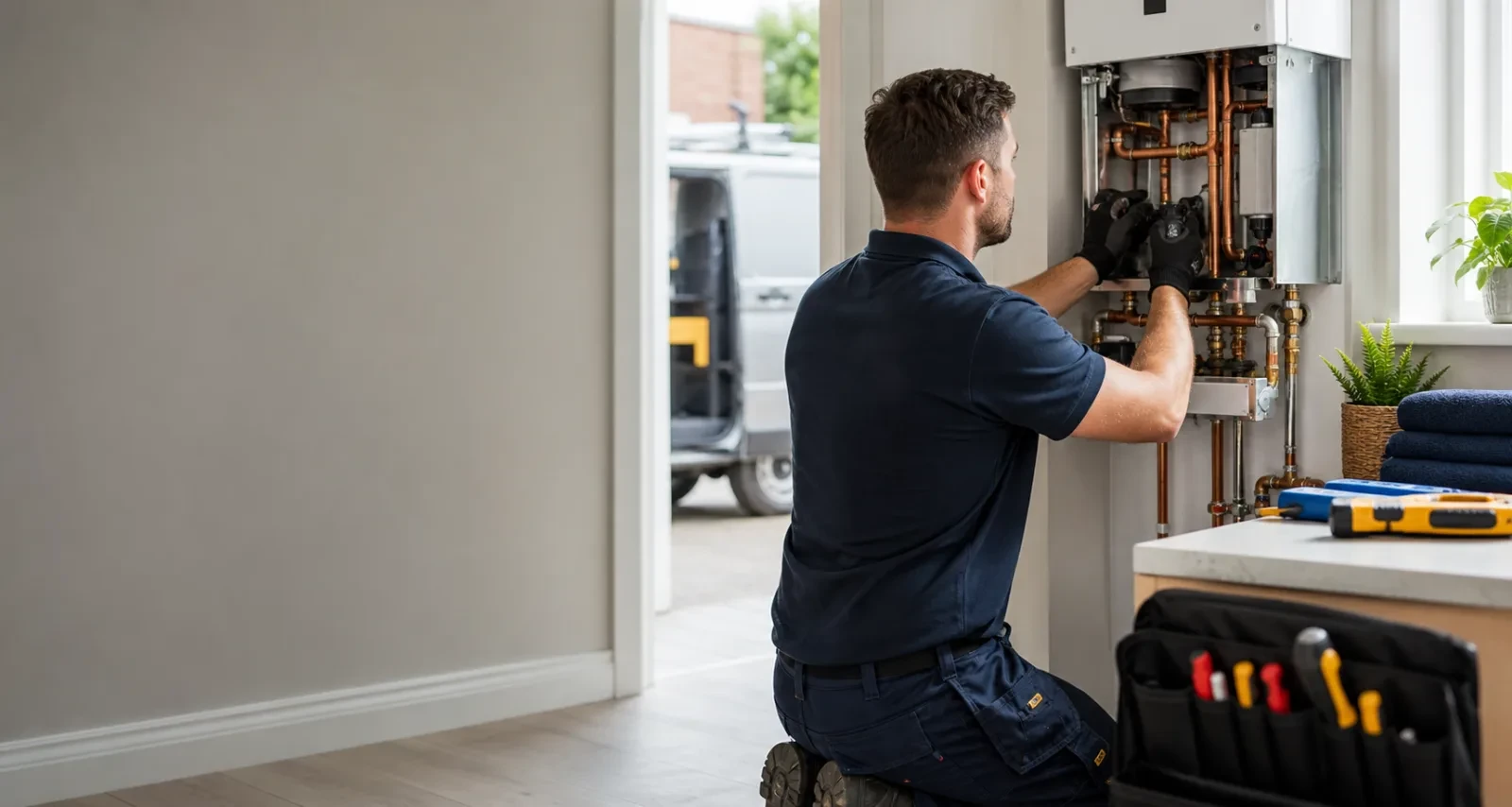 Heating engineer working on a boiler