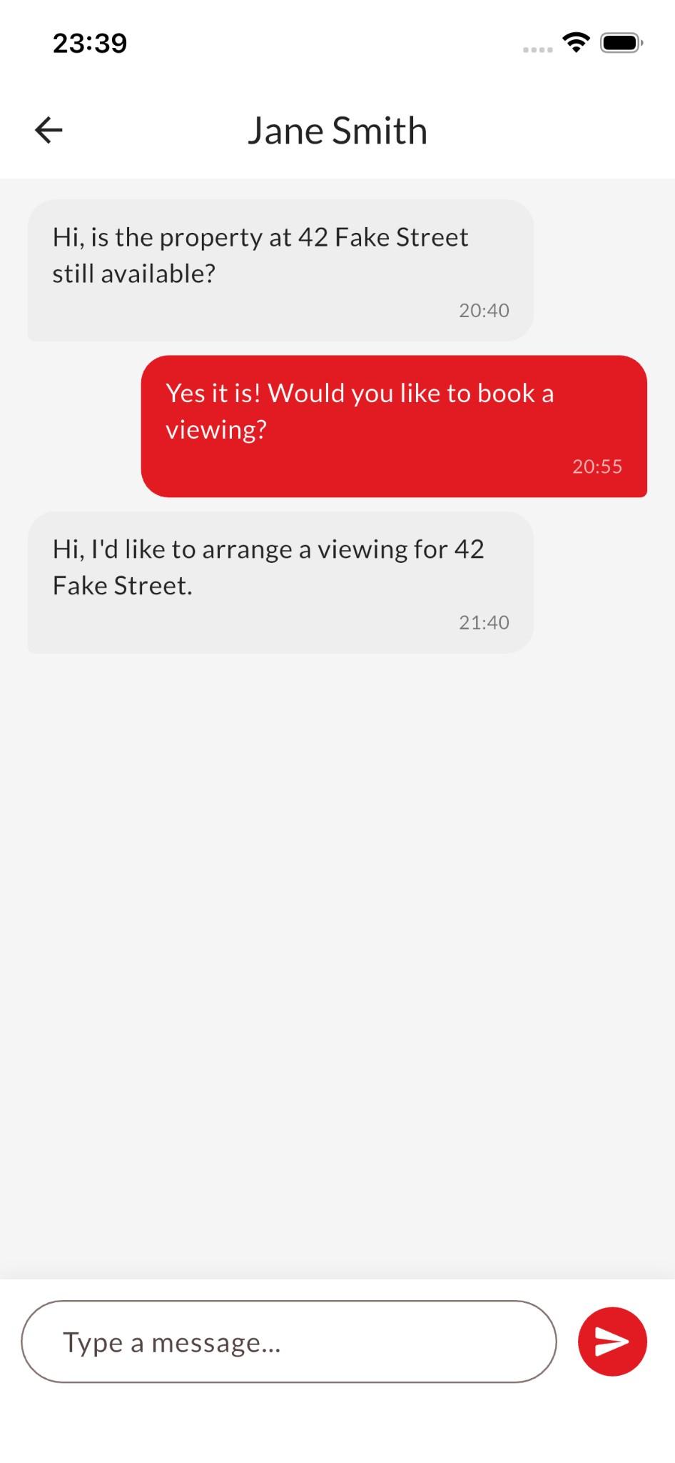Estate Agent app client messaging screen